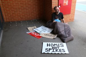 London, United Kingdom. 9th June 2014 -- A prominent housing activist states a protest which is backed and supported by thousands throughout the country. The media interest has been intense. -- Dangerous spikes that have been planted in doorways to deter the homeless have brought outrage to the capital. Boris Johnson says they are 'stupid' and may have plans to remove them. Homelessness is not a crime and should be rigorously addressed. Protest against controversial spikes used to deter homeless in London